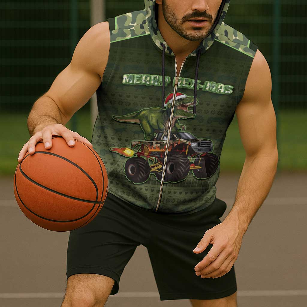 Dinosaur Christmas Sleeveless Zip Hoodie Merry Rexmas - Wonder Print Shop