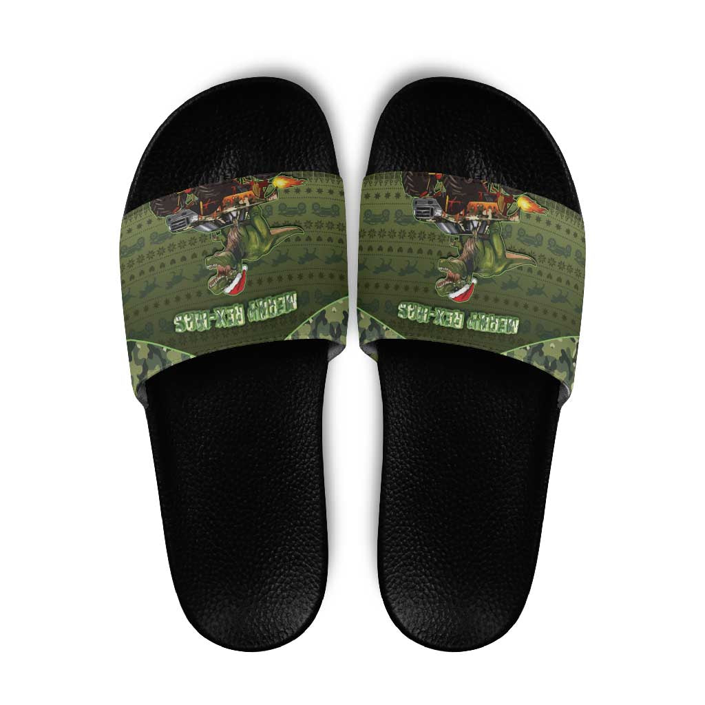 Dinosaur Christmas Slide Sandals Merry Rexmas - Wonder Print Shop