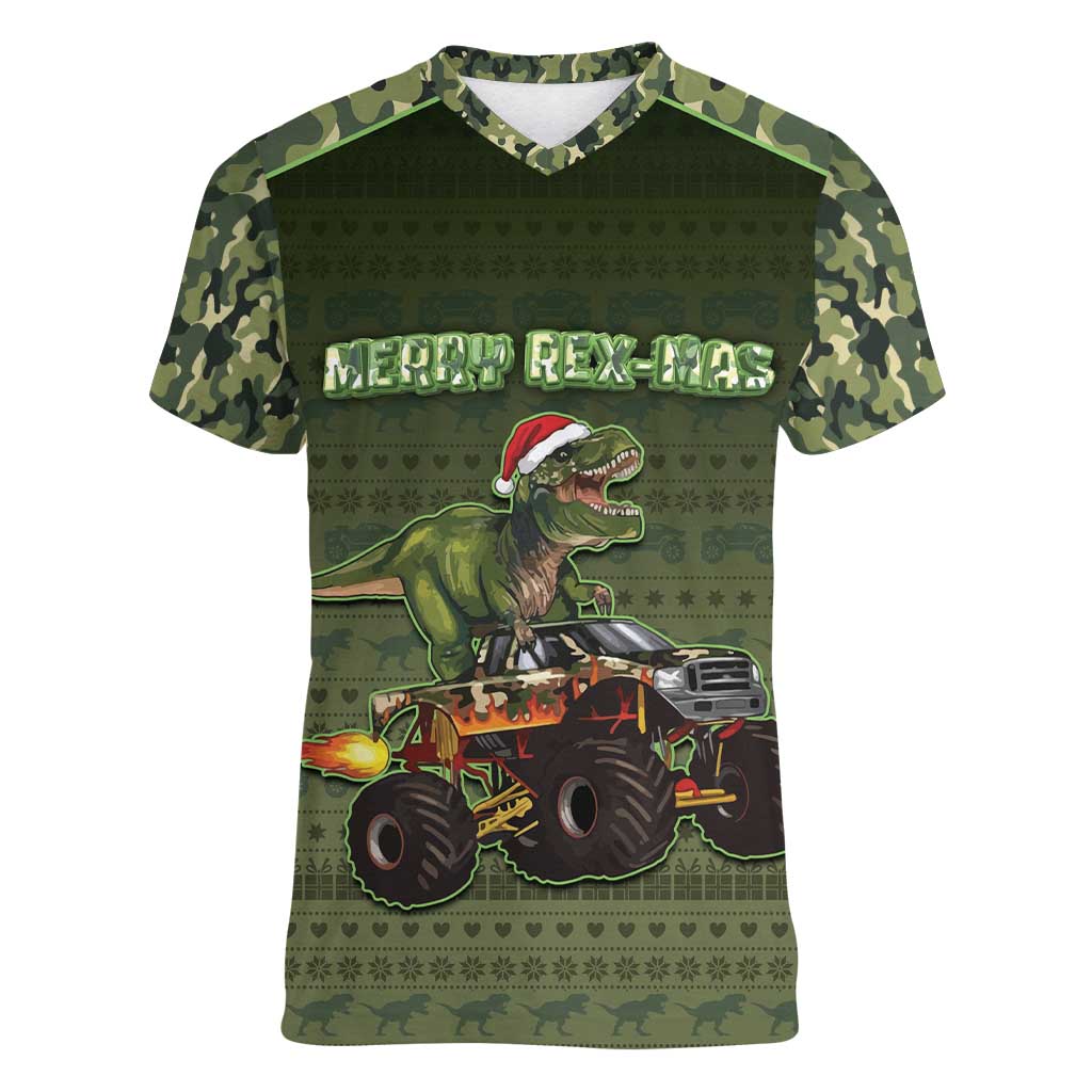 Dinosaur Christmas Women V-Neck T-Shirt Merry Rexmas - Wonder Print Shop