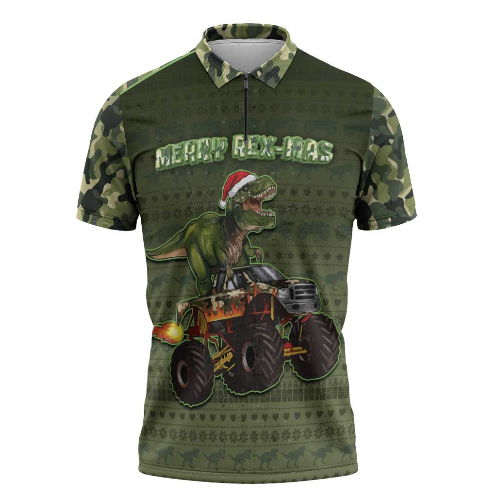 Dinosaur Christmas Zipper Polo Shirt Merry Rexmas - Wonder Print Shop