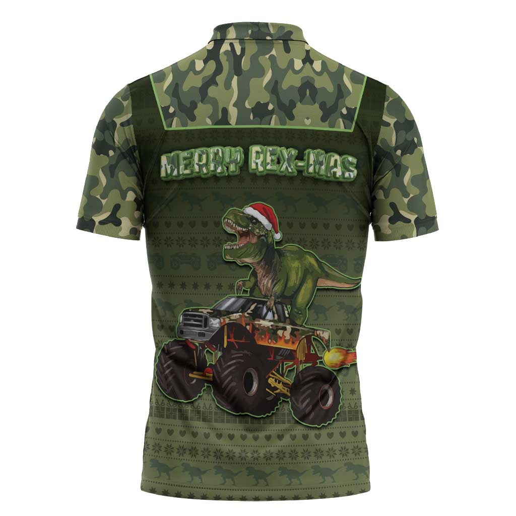 Dinosaur Christmas Zipper Polo Shirt Merry Rexmas - Wonder Print Shop