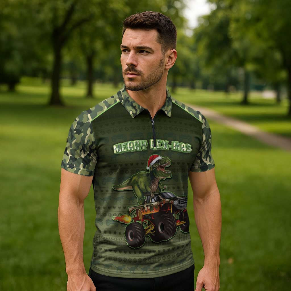 Dinosaur Christmas Zipper Polo Shirt Merry Rexmas - Wonder Print Shop