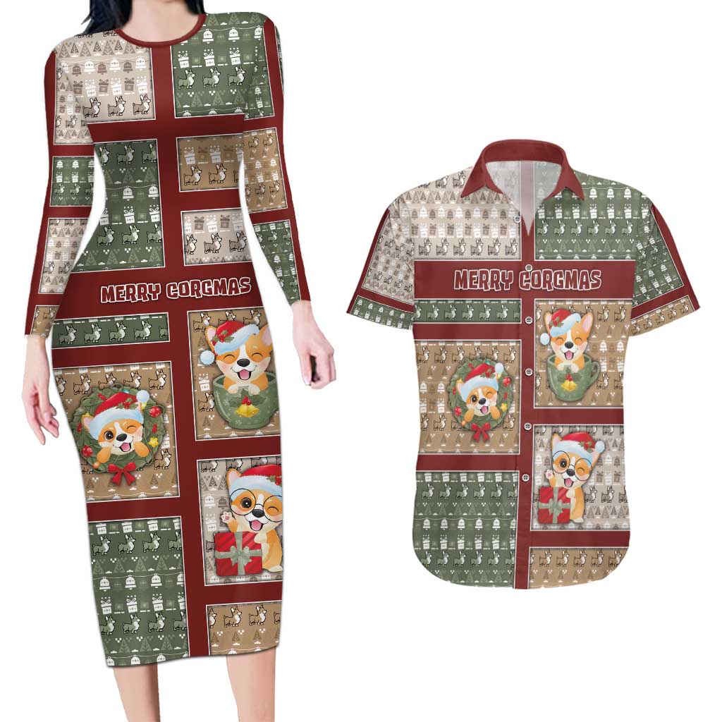 Personalized Corgi Christmas Couples Matching Long Sleeve Bodycon Dress and Hawaiian Shirt Merry Corgmas - Wonder Print Shop