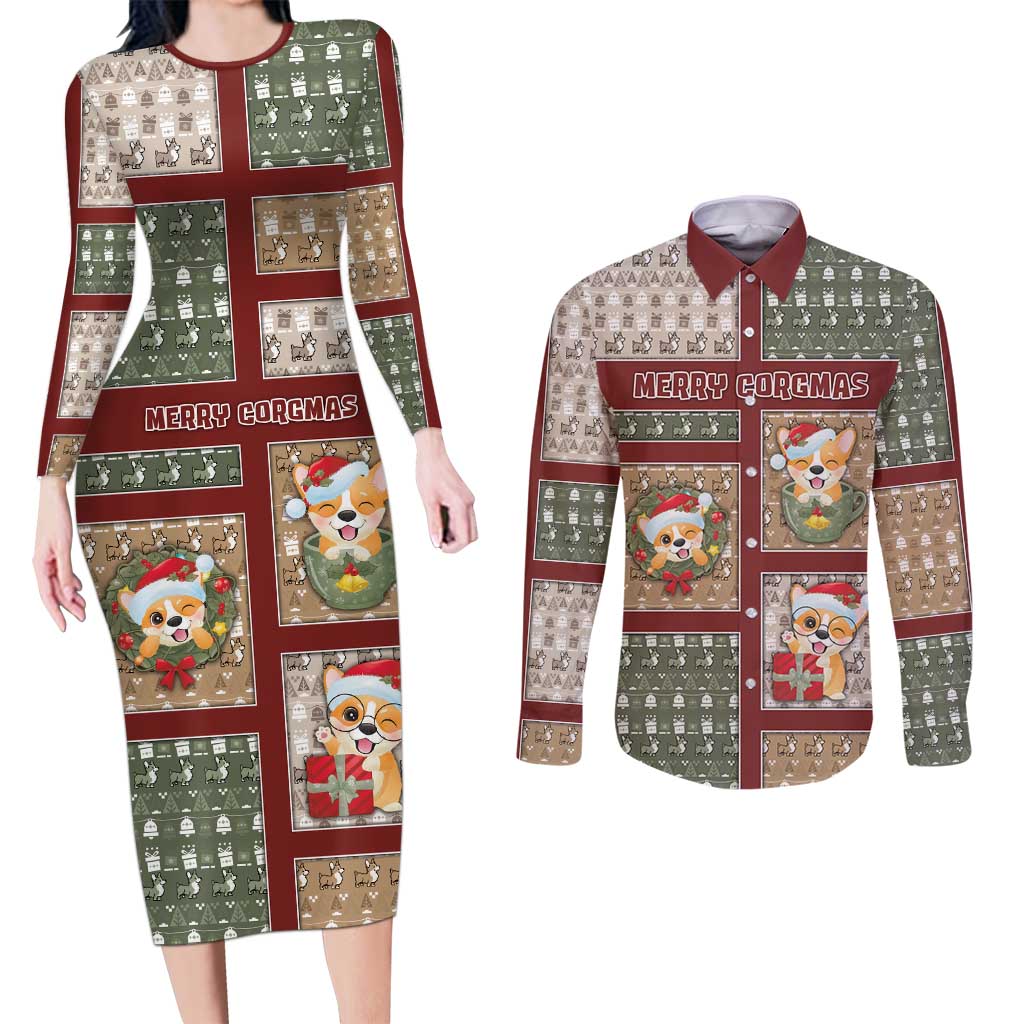 Personalized Corgi Christmas Couples Matching Long Sleeve Bodycon Dress and Long Sleeve Button Shirt Merry Corgmas - Wonder Print Shop