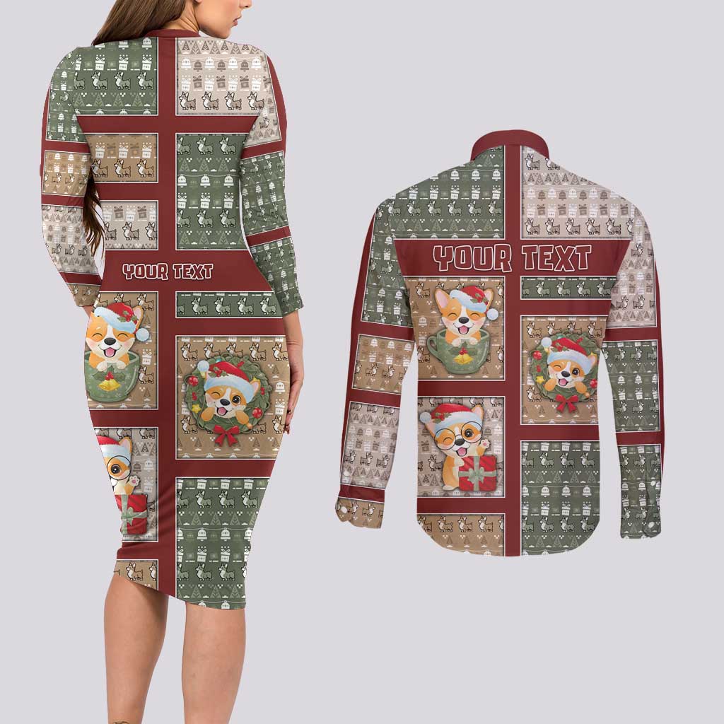 Personalized Corgi Christmas Couples Matching Long Sleeve Bodycon Dress and Long Sleeve Button Shirt Merry Corgmas - Wonder Print Shop