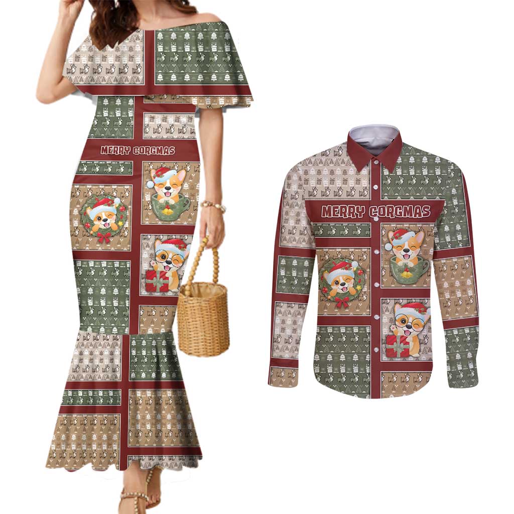 Personalized Corgi Christmas Couples Matching Mermaid Dress and Long Sleeve Button Shirt Merry Corgmas - Wonder Print Shop