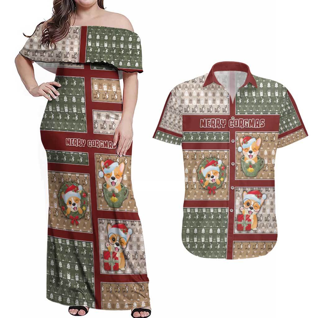 Personalized Corgi Christmas Couples Matching Off Shoulder Maxi Dress and Hawaiian Shirt Merry Corgmas - Wonder Print Shop