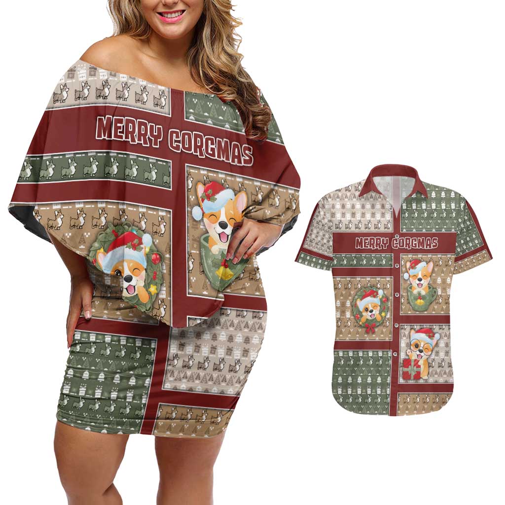 Personalized Corgi Christmas Couples Matching Off Shoulder Short Dress and Hawaiian Shirt Merry Corgmas - Wonder Print Shop