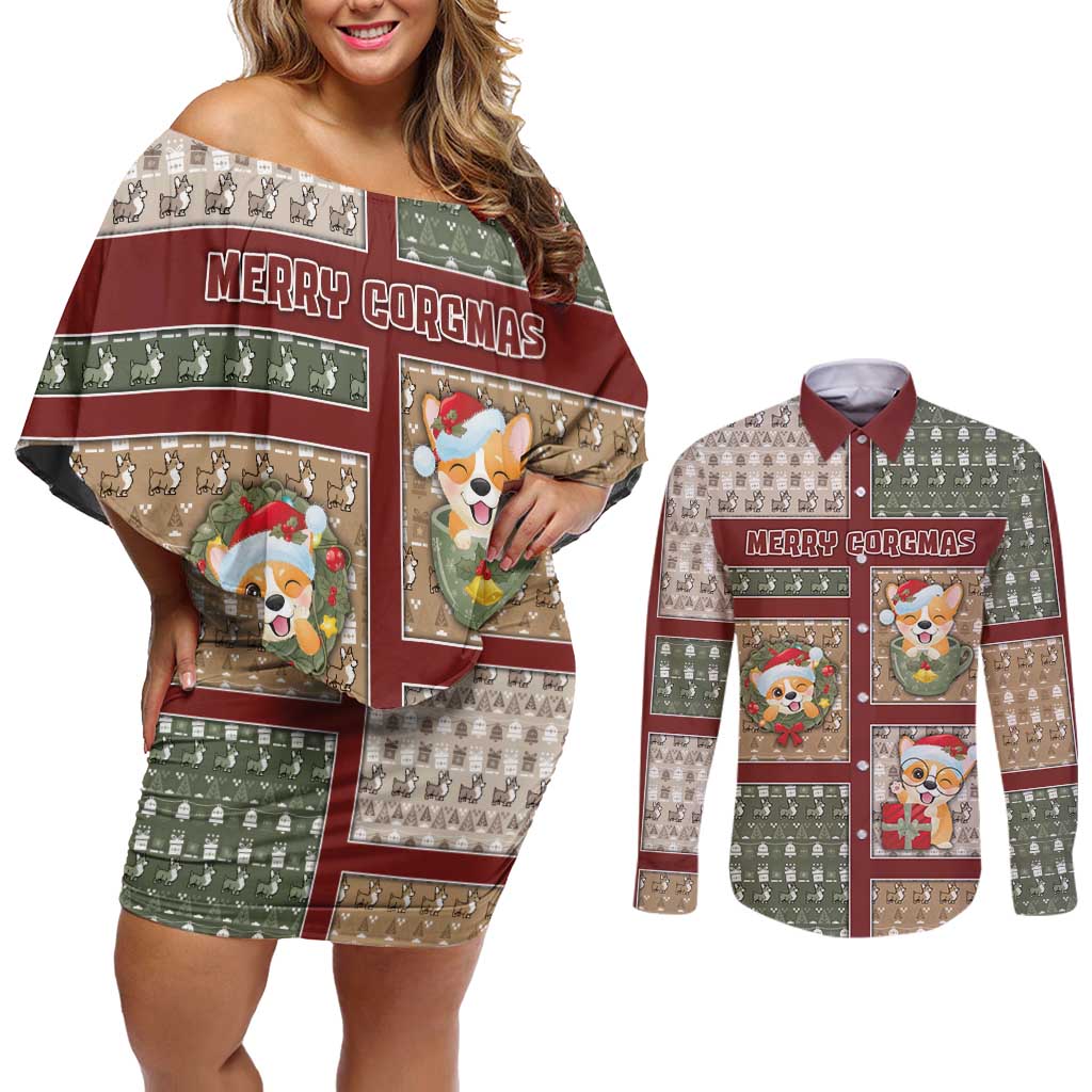 Personalized Corgi Christmas Couples Matching Off Shoulder Short Dress and Long Sleeve Button Shirt Merry Corgmas - Wonder Print Shop