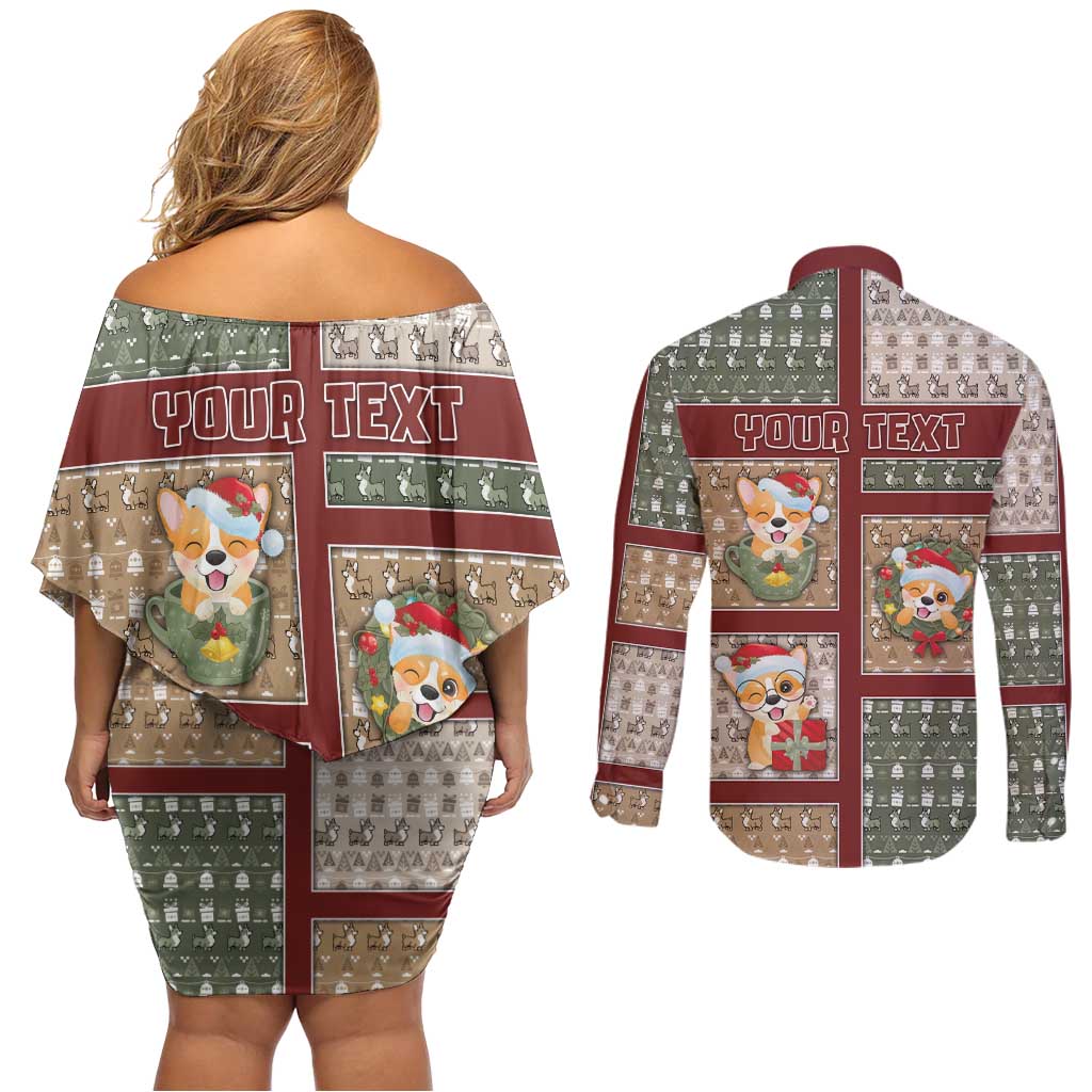 Personalized Corgi Christmas Couples Matching Off Shoulder Short Dress and Long Sleeve Button Shirt Merry Corgmas - Wonder Print Shop