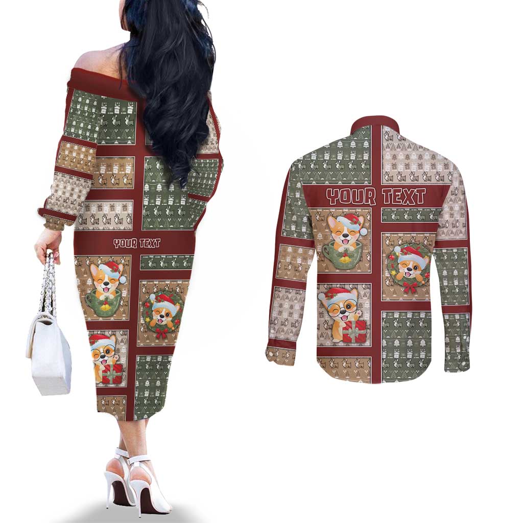 Personalized Corgi Christmas Couples Matching Off The Shoulder Long Sleeve Dress and Long Sleeve Button Shirt Merry Corgmas - Wonder Print Shop