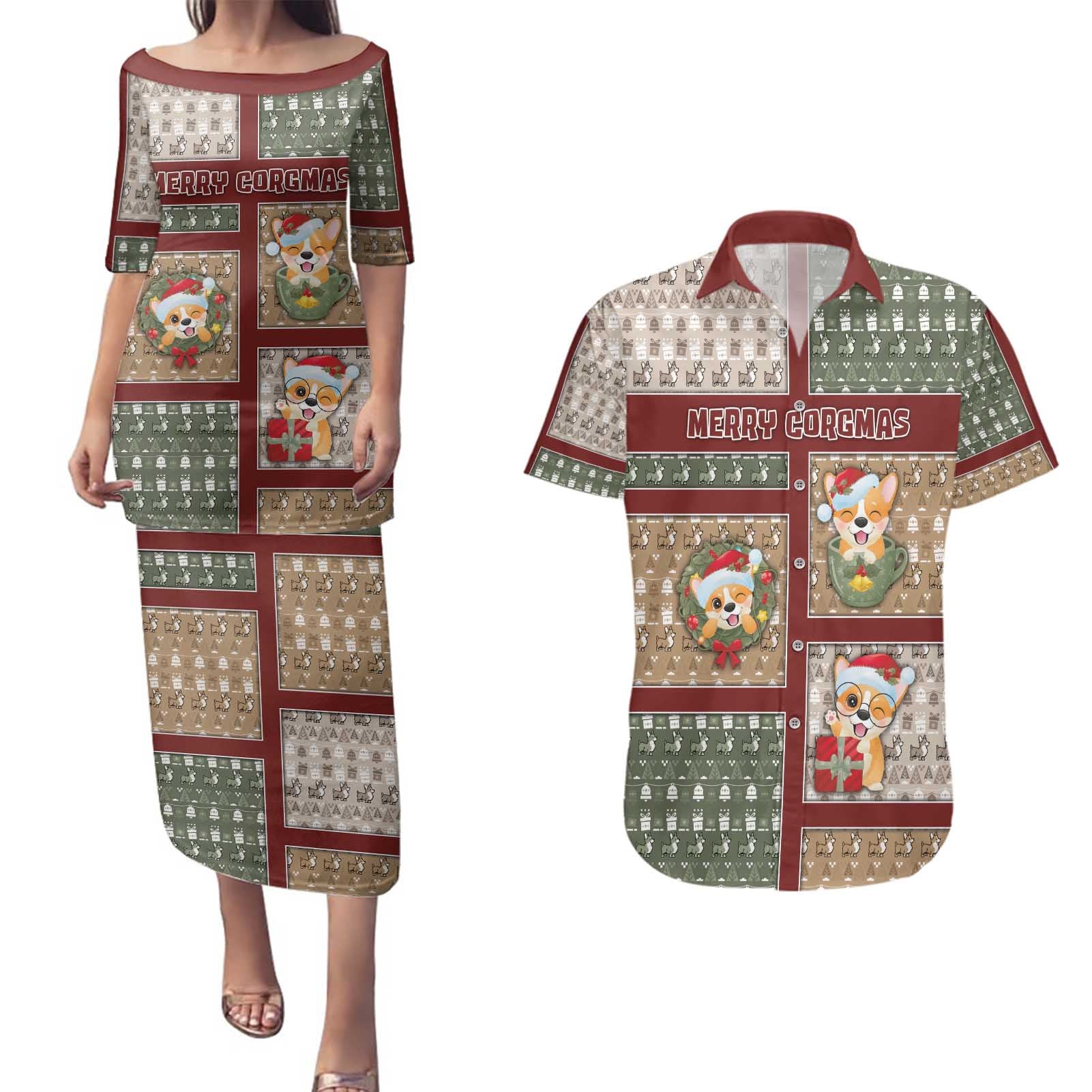 Personalized Corgi Christmas Couples Matching Puletasi and Hawaiian Shirt Merry Corgmas - Wonder Print Shop