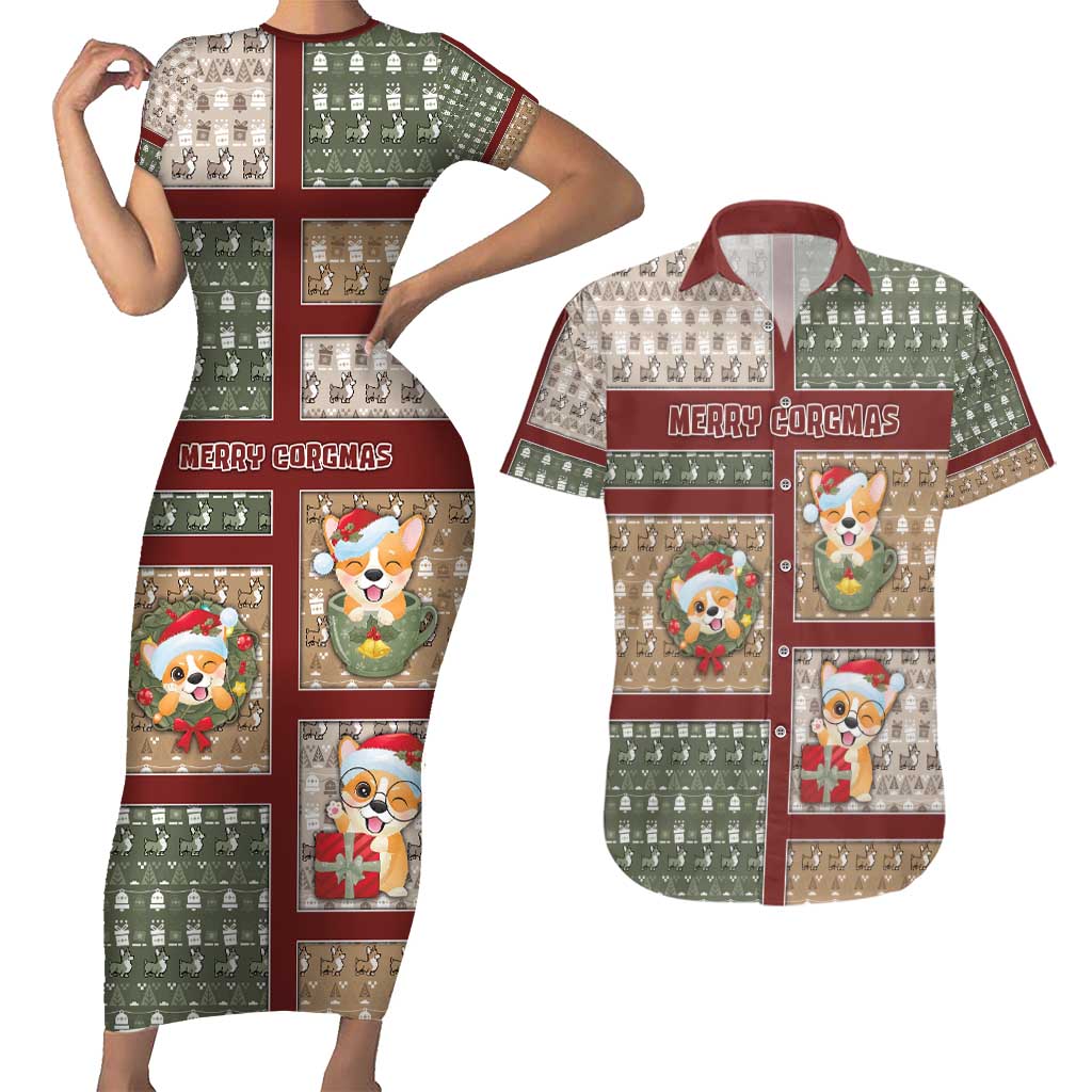 Personalized Corgi Christmas Couples Matching Short Sleeve Bodycon Dress and Hawaiian Shirt Merry Corgmas - Wonder Print Shop