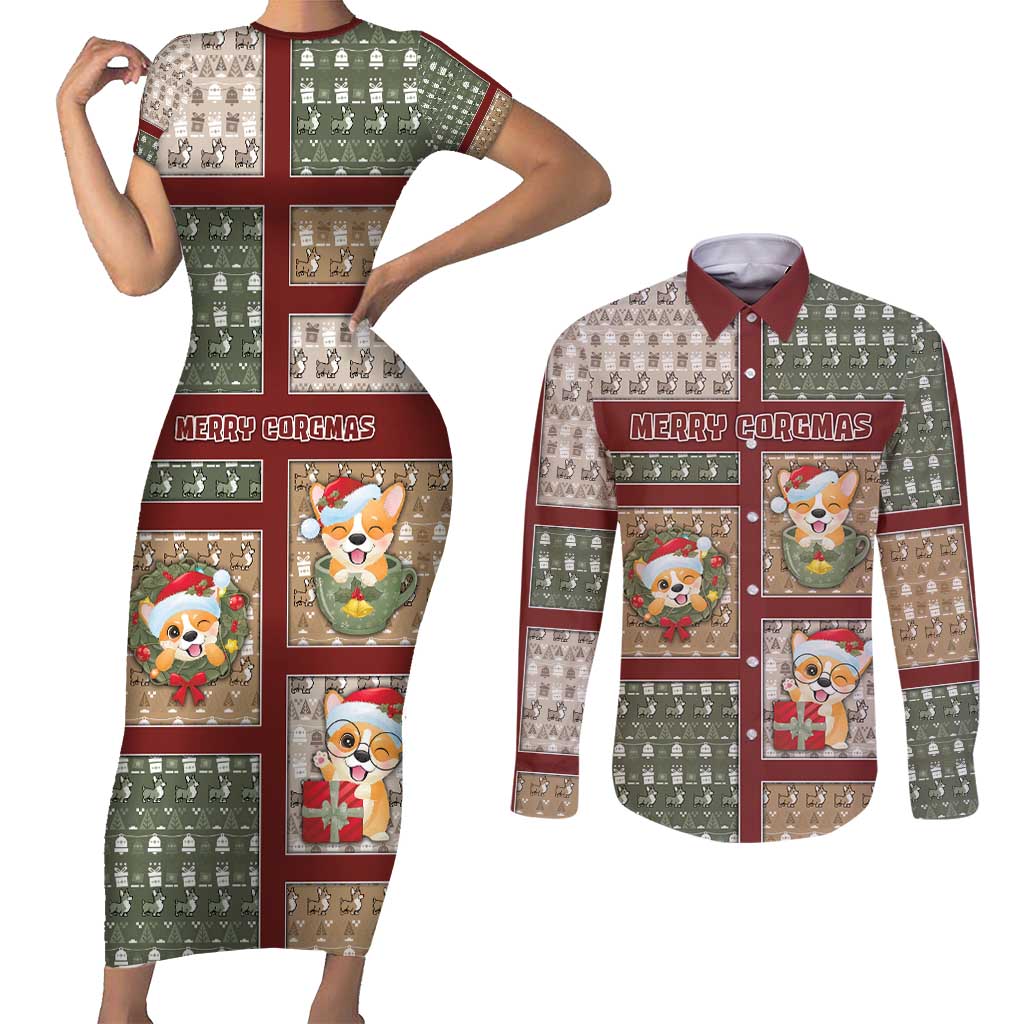 Personalized Corgi Christmas Couples Matching Short Sleeve Bodycon Dress and Long Sleeve Button Shirt Merry Corgmas - Wonder Print Shop