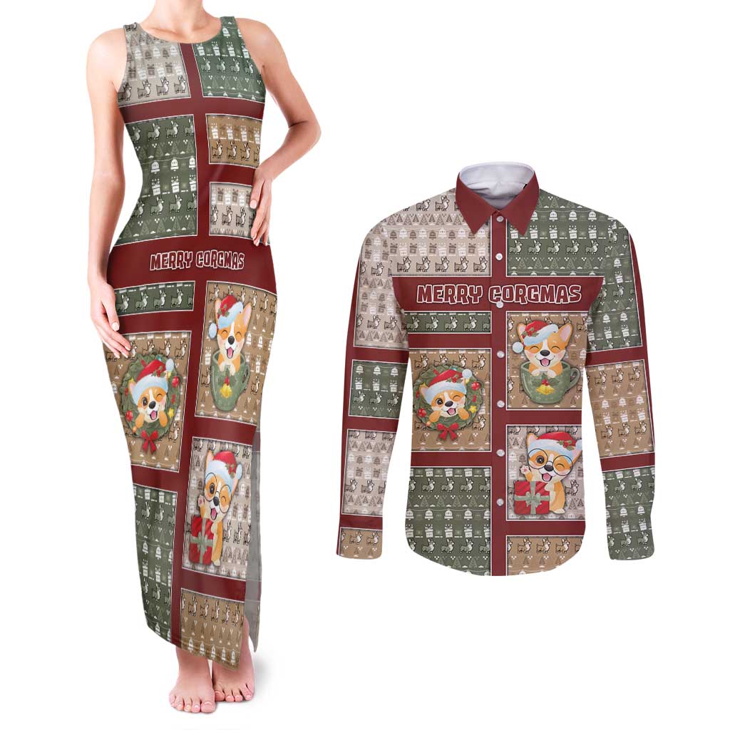 Personalized Corgi Christmas Couples Matching Tank Maxi Dress and Long Sleeve Button Shirt Merry Corgmas - Wonder Print Shop