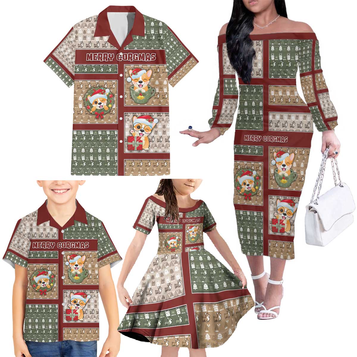 Personalized Corgi Christmas Family Matching Off The Shoulder Long Sleeve Dress and Hawaiian Shirt Merry Corgmas - Wonder Print Shop
