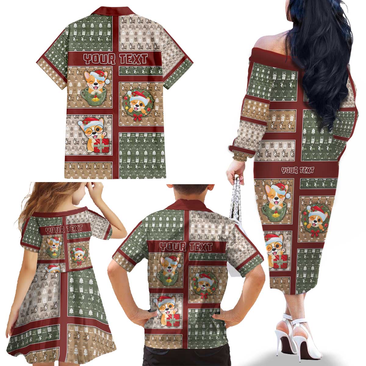 Personalized Corgi Christmas Family Matching Off The Shoulder Long Sleeve Dress and Hawaiian Shirt Merry Corgmas - Wonder Print Shop
