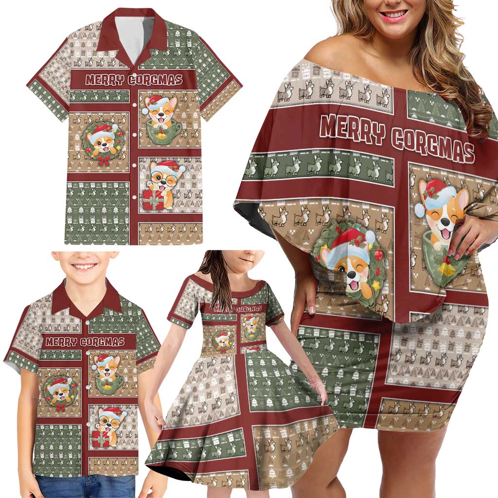 Personalized Corgi Christmas Family Matching Off Shoulder Short Dress and Hawaiian Shirt Merry Corgmas - Wonder Print Shop
