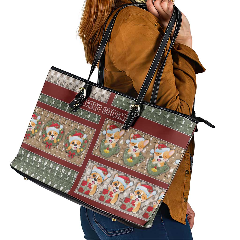 Corgi Christmas Leather Tote Bag Merry Corgmas - Wonder Print Shop