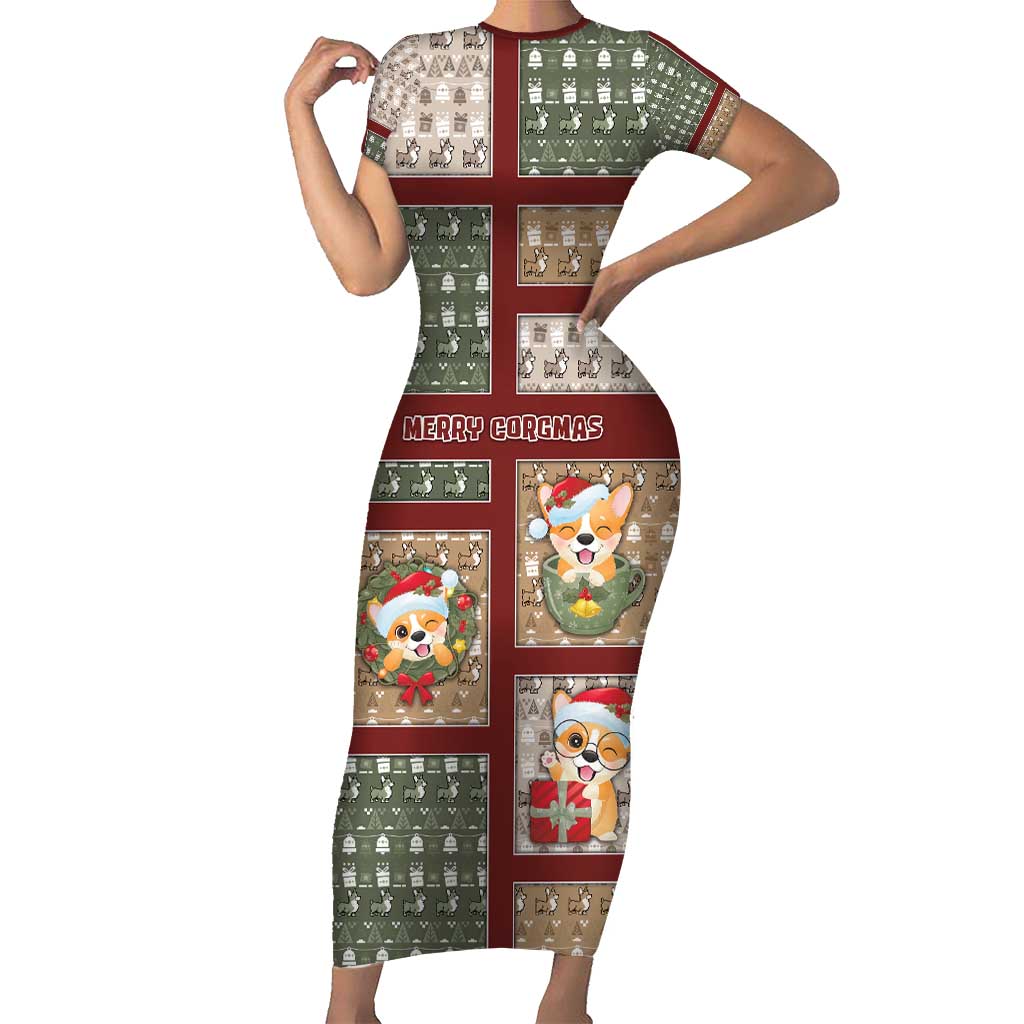 Personalized Corgi Christmas Short Sleeve Bodycon Dress Merry Corgmas - Wonder Print Shop
