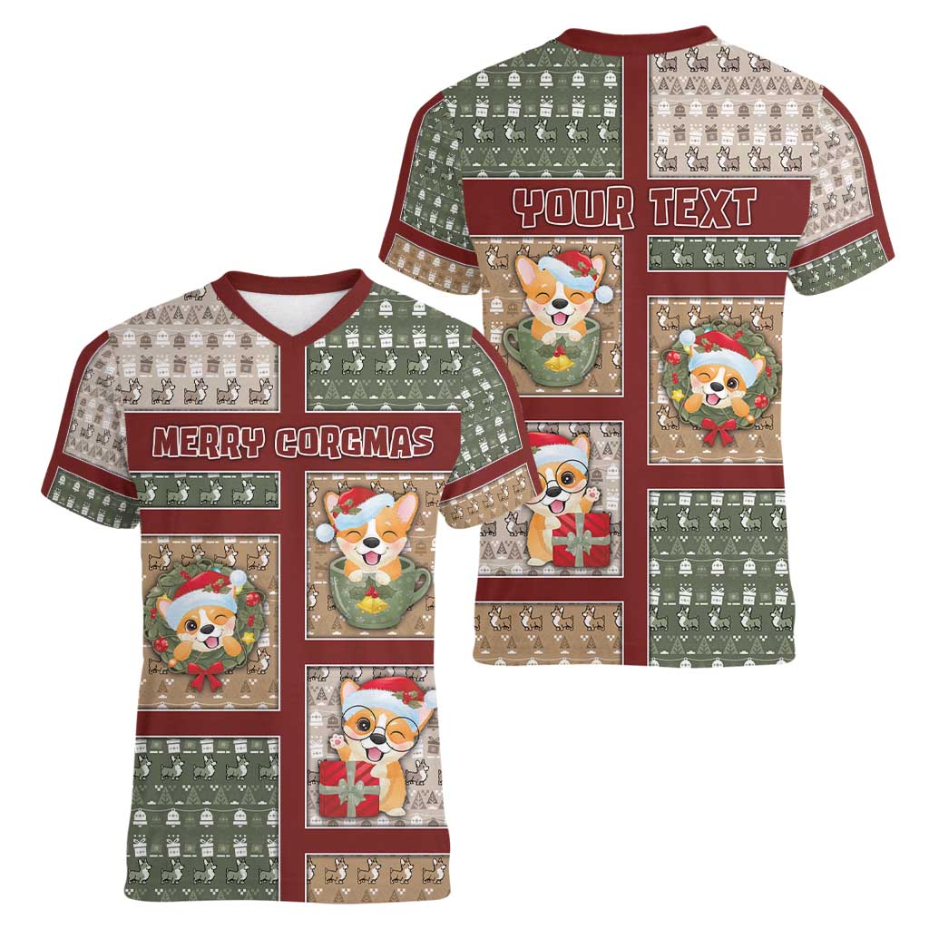 Personalized Corgi Christmas Women V-Neck T-Shirt Merry Corgmas - Wonder Print Shop