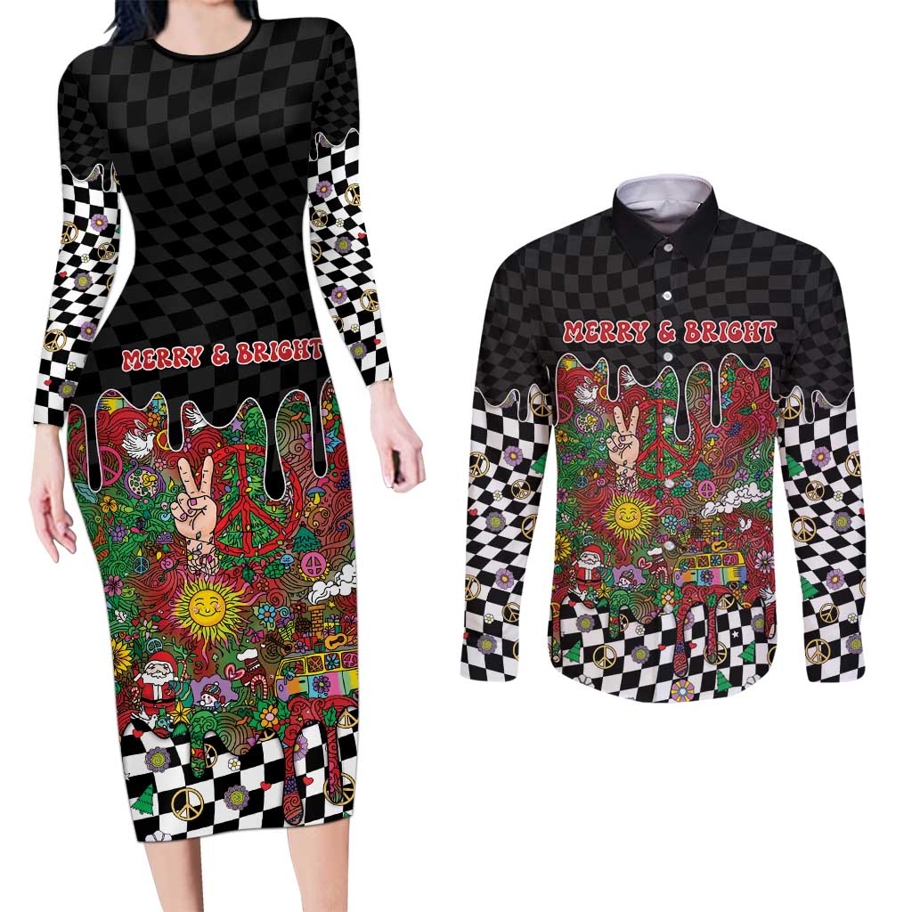Hippie Christmas Couples Matching Long Sleeve Bodycon Dress and Long Sleeve Button Shirt Doodle Style - Wonder Print Shop