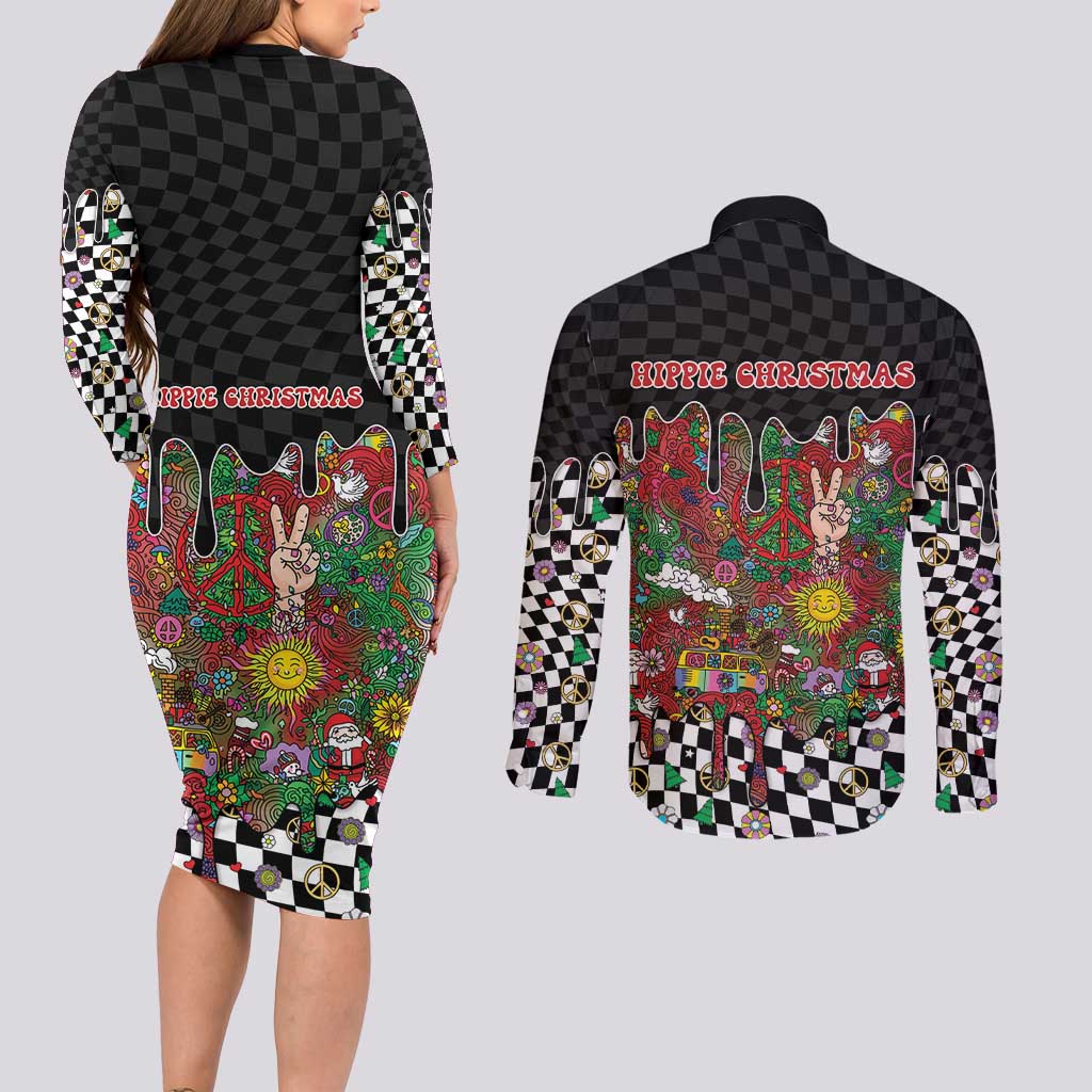 Hippie Christmas Couples Matching Long Sleeve Bodycon Dress and Long Sleeve Button Shirt Doodle Style - Wonder Print Shop