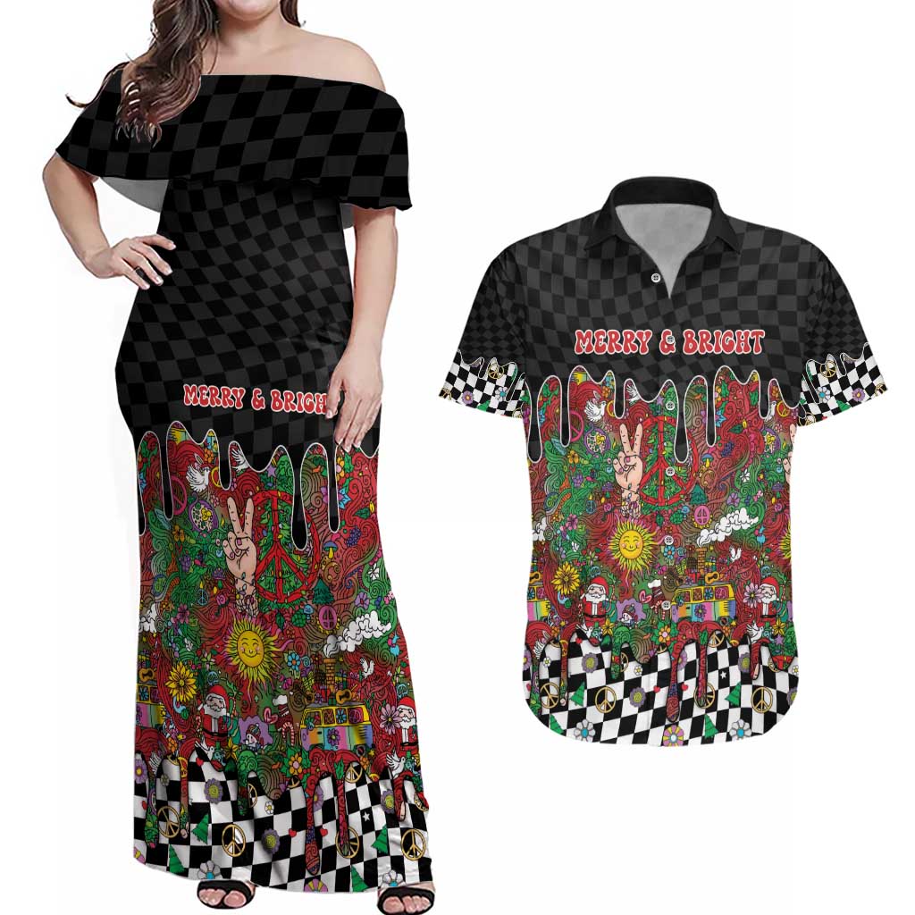 Hippie Christmas Couples Matching Off Shoulder Maxi Dress and Hawaiian Shirt Doodle Style - Wonder Print Shop
