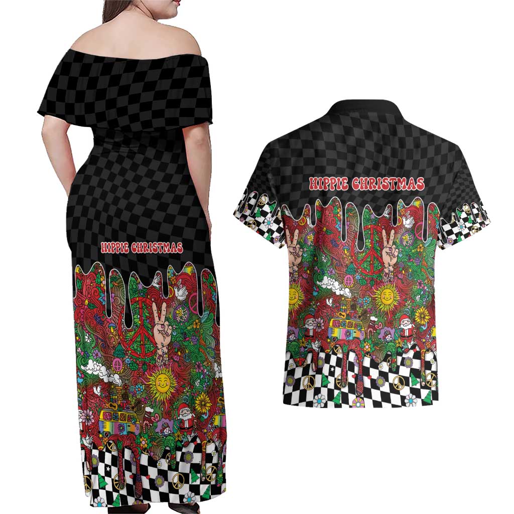 Hippie Christmas Couples Matching Off Shoulder Maxi Dress and Hawaiian Shirt Doodle Style - Wonder Print Shop