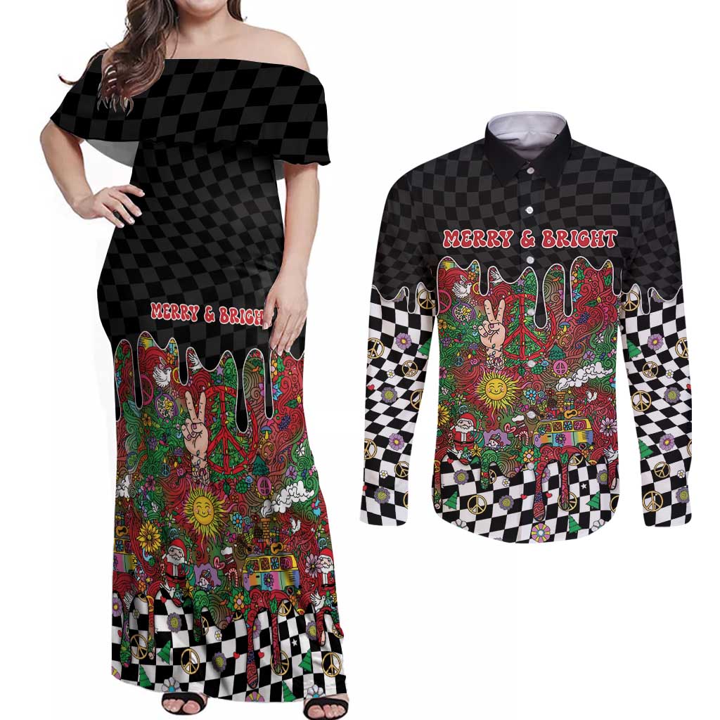 Hippie Christmas Couples Matching Off Shoulder Maxi Dress and Long Sleeve Button Shirt Doodle Style - Wonder Print Shop