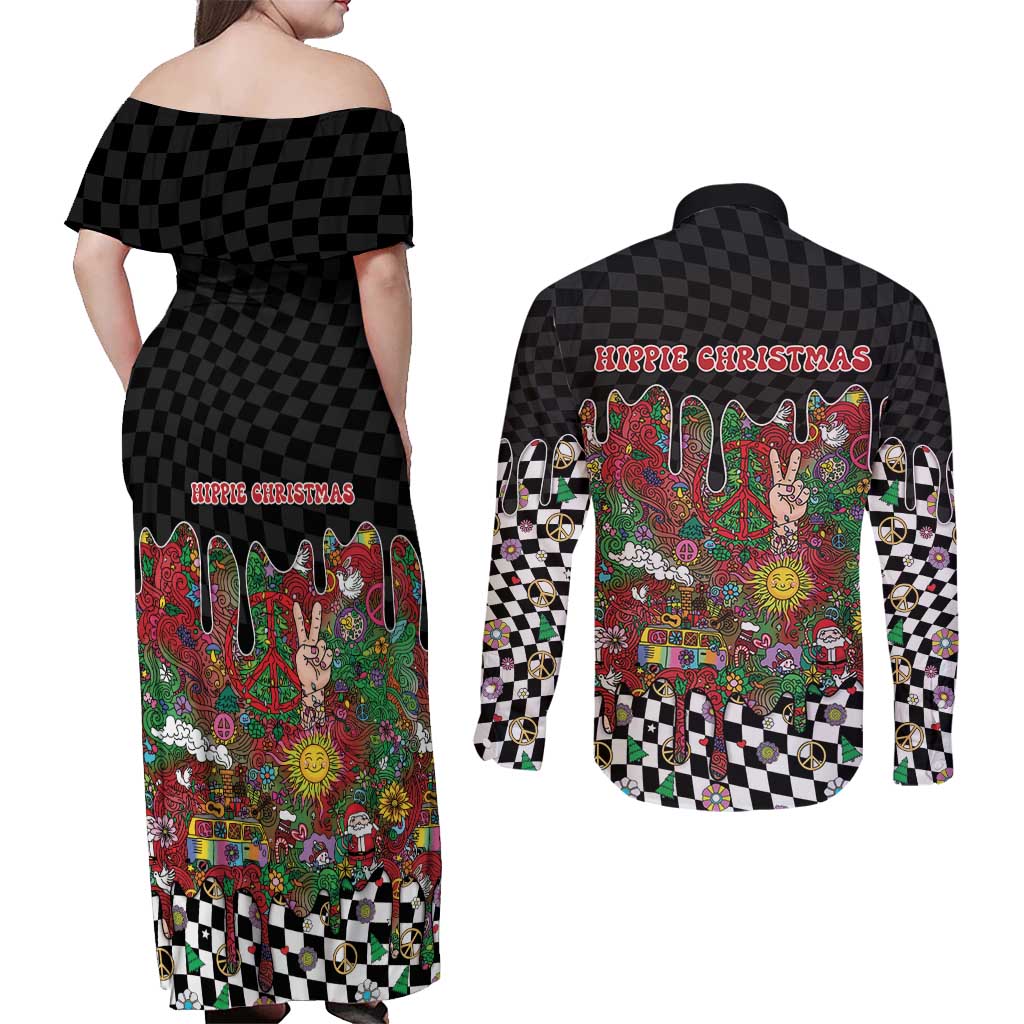 Hippie Christmas Couples Matching Off Shoulder Maxi Dress and Long Sleeve Button Shirt Doodle Style - Wonder Print Shop