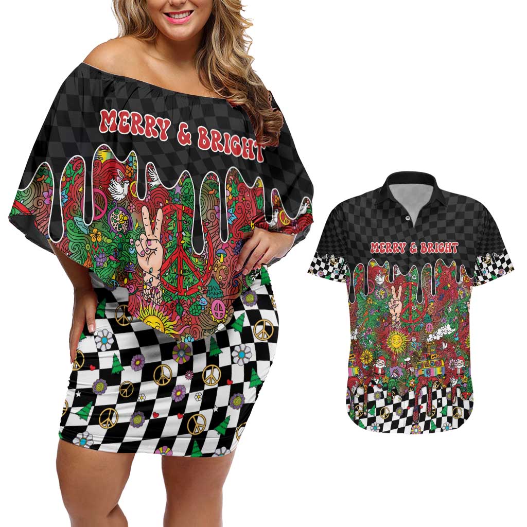 Hippie Christmas Couples Matching Off Shoulder Short Dress and Hawaiian Shirt Doodle Style - Wonder Print Shop