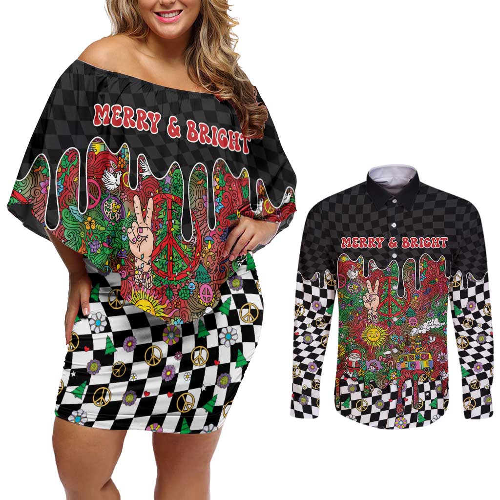 Hippie Christmas Couples Matching Off Shoulder Short Dress and Long Sleeve Button Shirt Doodle Style - Wonder Print Shop