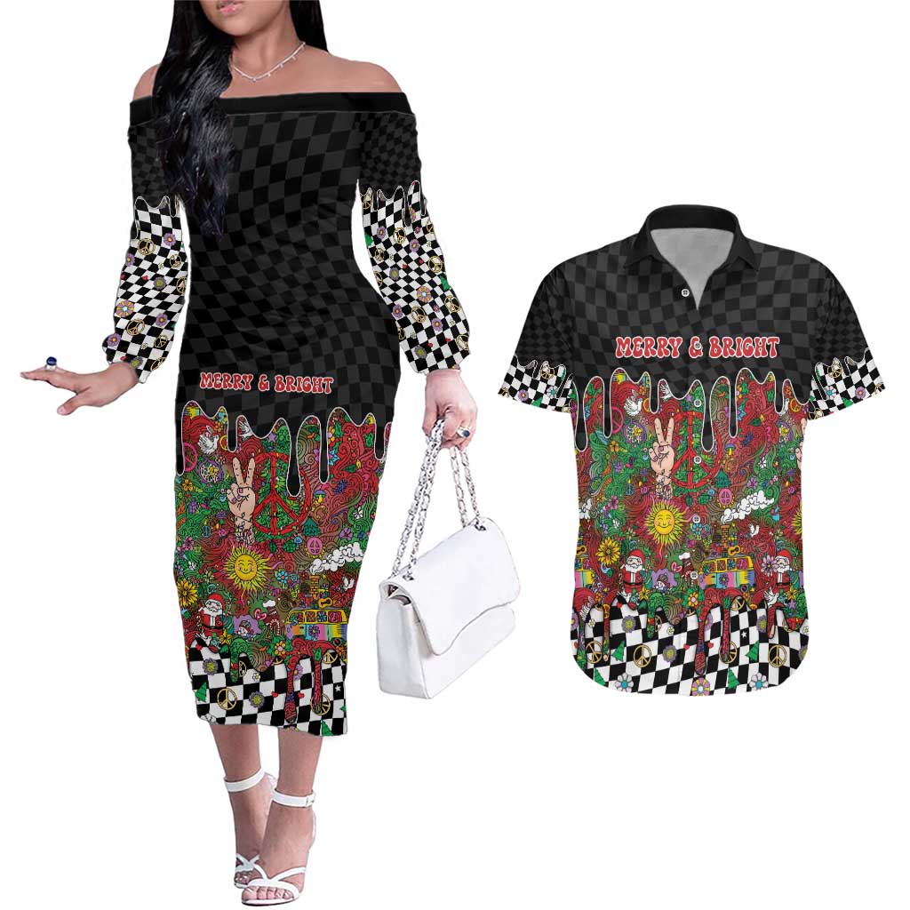 Hippie Christmas Couples Matching Off The Shoulder Long Sleeve Dress and Hawaiian Shirt Doodle Style - Wonder Print Shop
