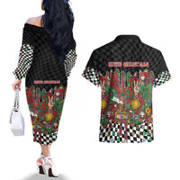 Hippie Christmas Couples Matching Off The Shoulder Long Sleeve Dress and Hawaiian Shirt Doodle Style - Wonder Print Shop