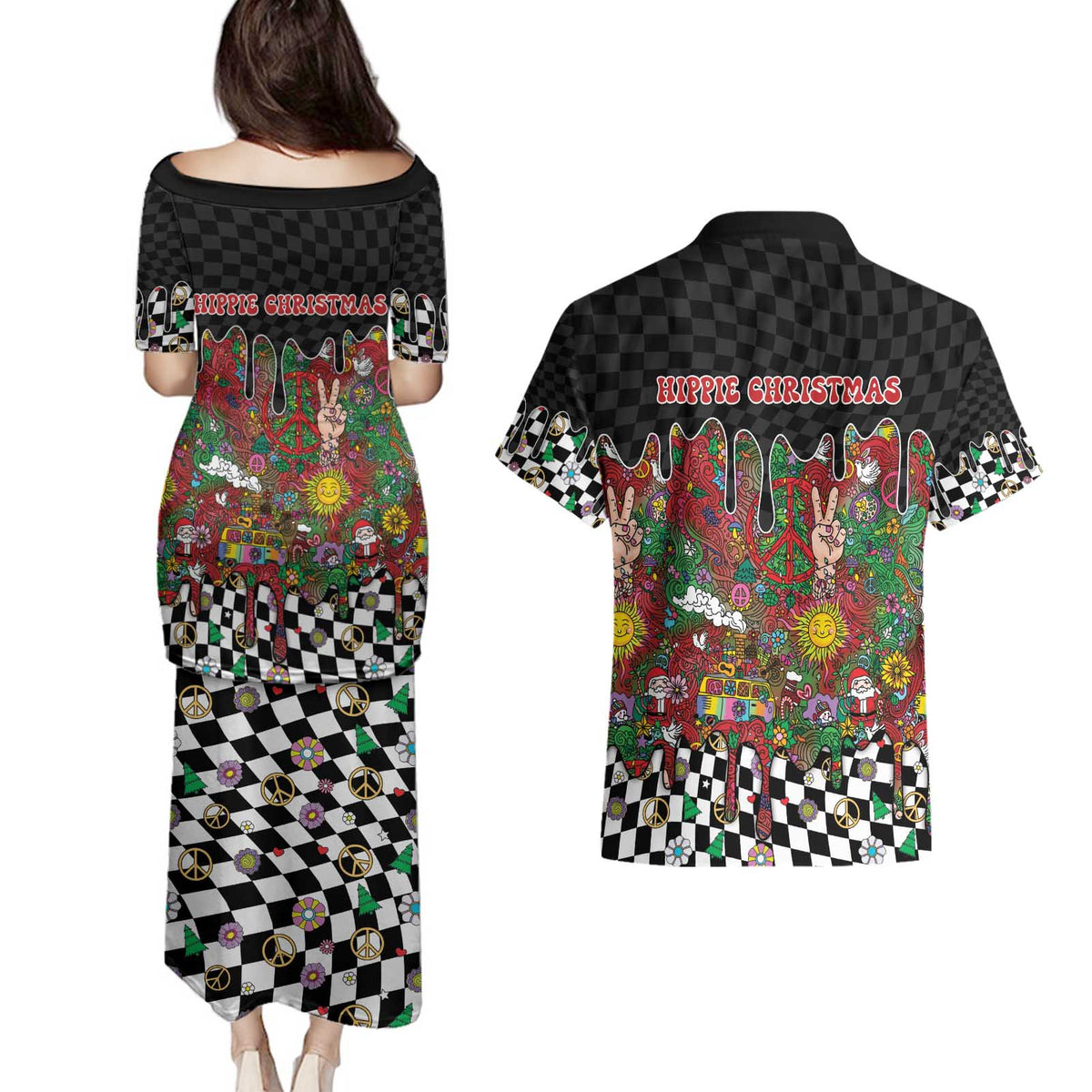 Hippie Christmas Couples Matching Puletasi and Hawaiian Shirt Doodle Style - Wonder Print Shop