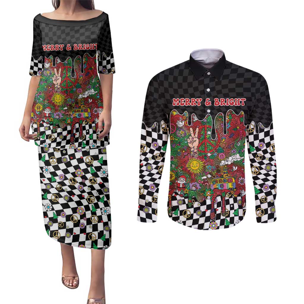 Hippie Christmas Couples Matching Puletasi and Long Sleeve Button Shirt Doodle Style - Wonder Print Shop