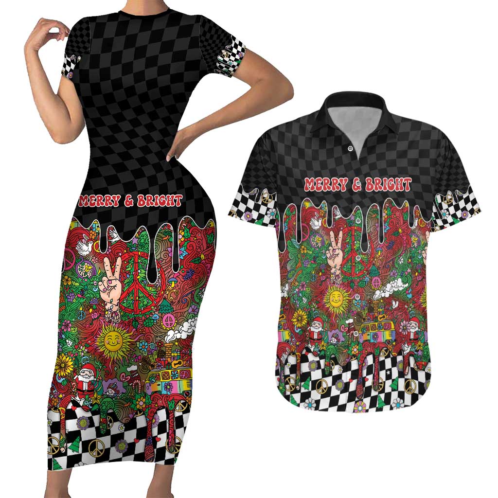Hippie Christmas Couples Matching Short Sleeve Bodycon Dress and Hawaiian Shirt Doodle Style - Wonder Print Shop