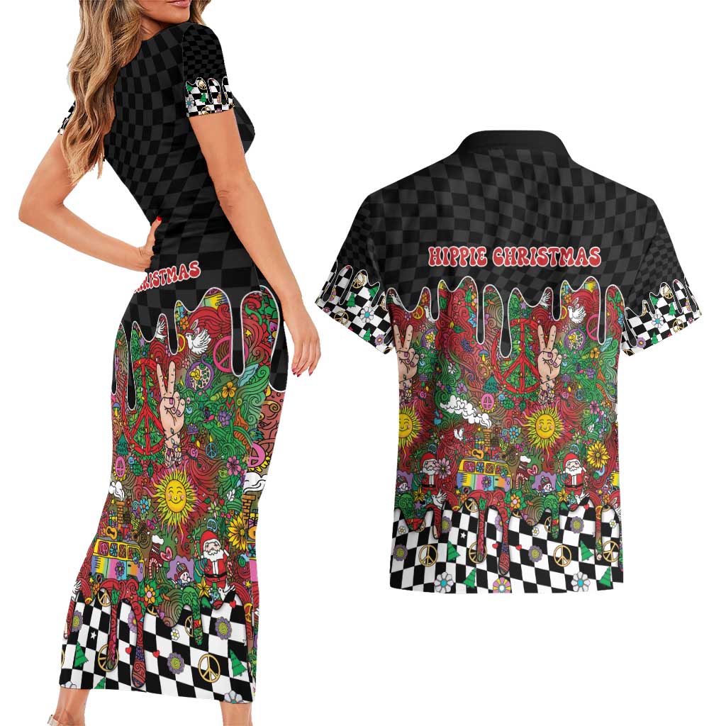 Hippie Christmas Couples Matching Short Sleeve Bodycon Dress and Hawaiian Shirt Doodle Style - Wonder Print Shop