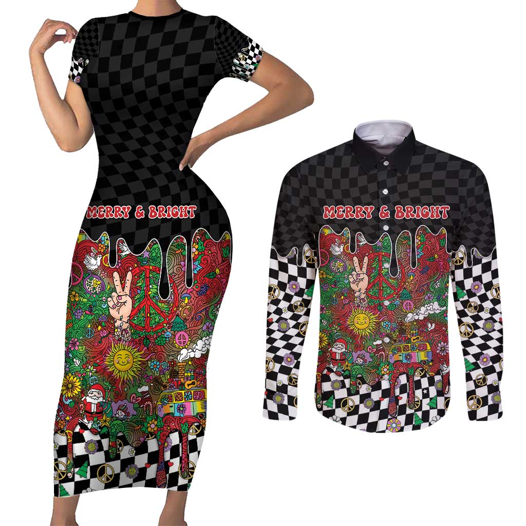 Hippie Christmas Couples Matching Short Sleeve Bodycon Dress and Long Sleeve Button Shirt Doodle Style - Wonder Print Shop