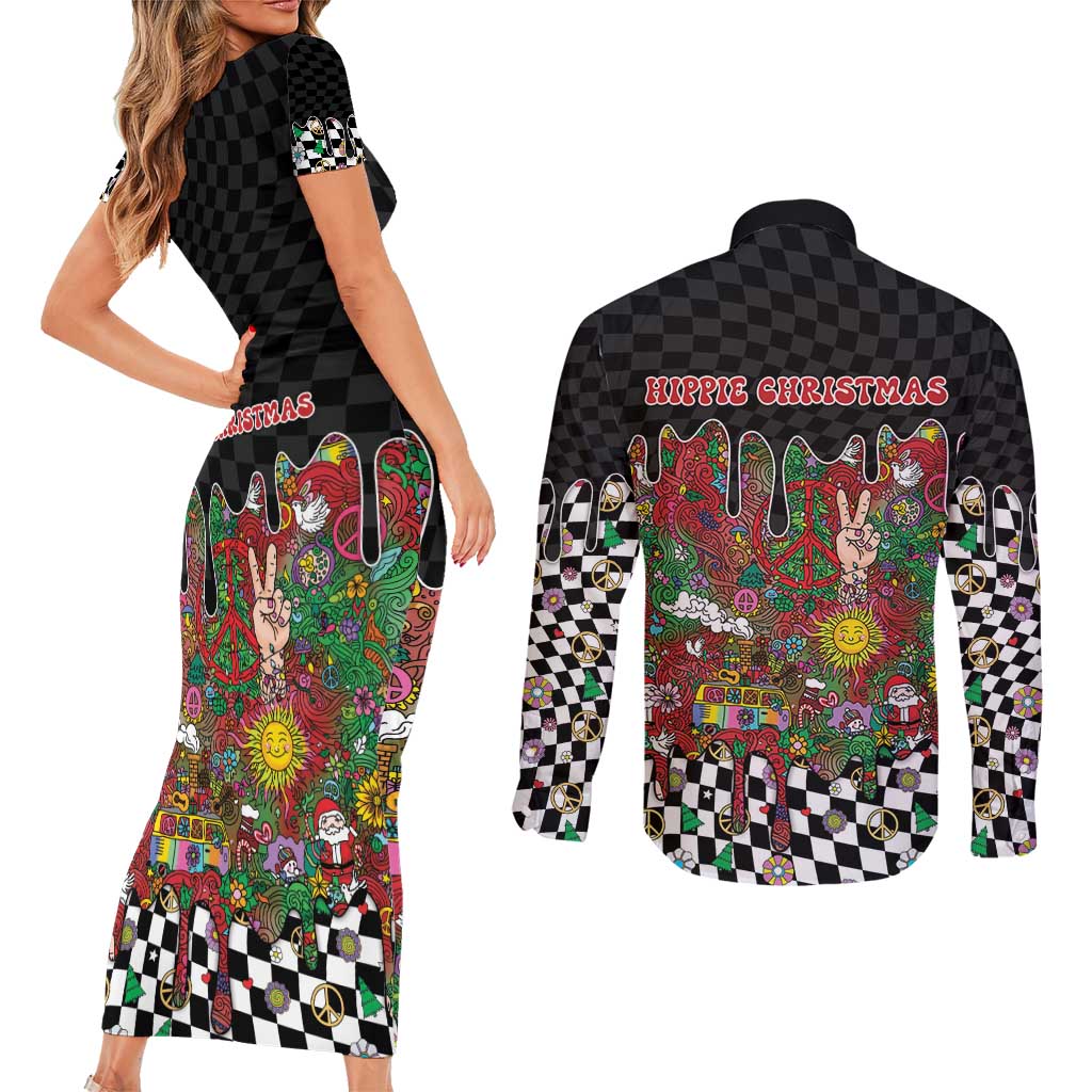 Hippie Christmas Couples Matching Short Sleeve Bodycon Dress and Long Sleeve Button Shirt Doodle Style - Wonder Print Shop