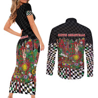 Hippie Christmas Couples Matching Short Sleeve Bodycon Dress and Long Sleeve Button Shirt Doodle Style - Wonder Print Shop