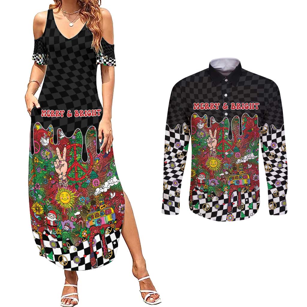 Hippie Christmas Couples Matching Summer Maxi Dress and Long Sleeve Button Shirt Doodle Style - Wonder Print Shop