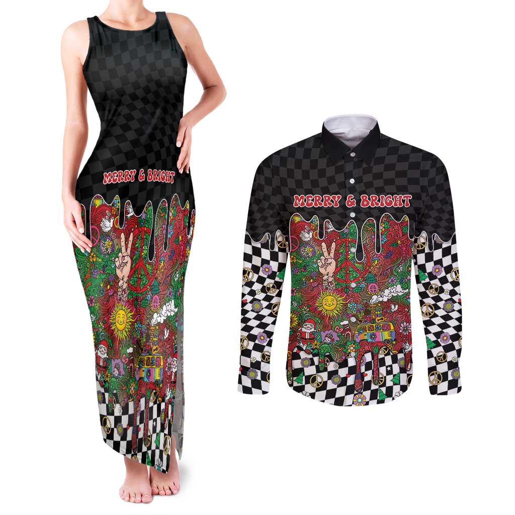 Hippie Christmas Couples Matching Tank Maxi Dress and Long Sleeve Button Shirt Doodle Style - Wonder Print Shop