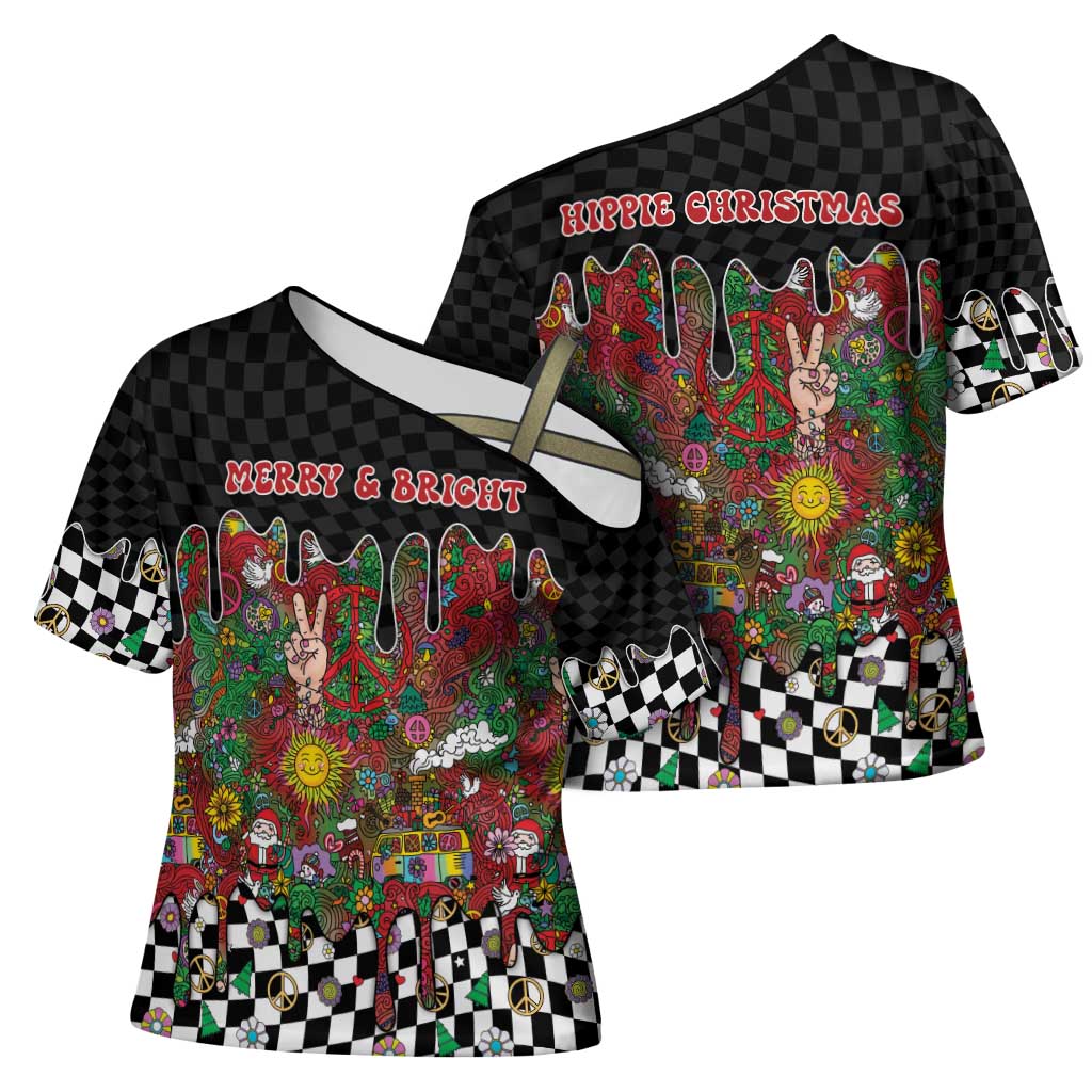 Hippie Christmas Cross Shoulder Shirt Doodle Style - Wonder Print Shop