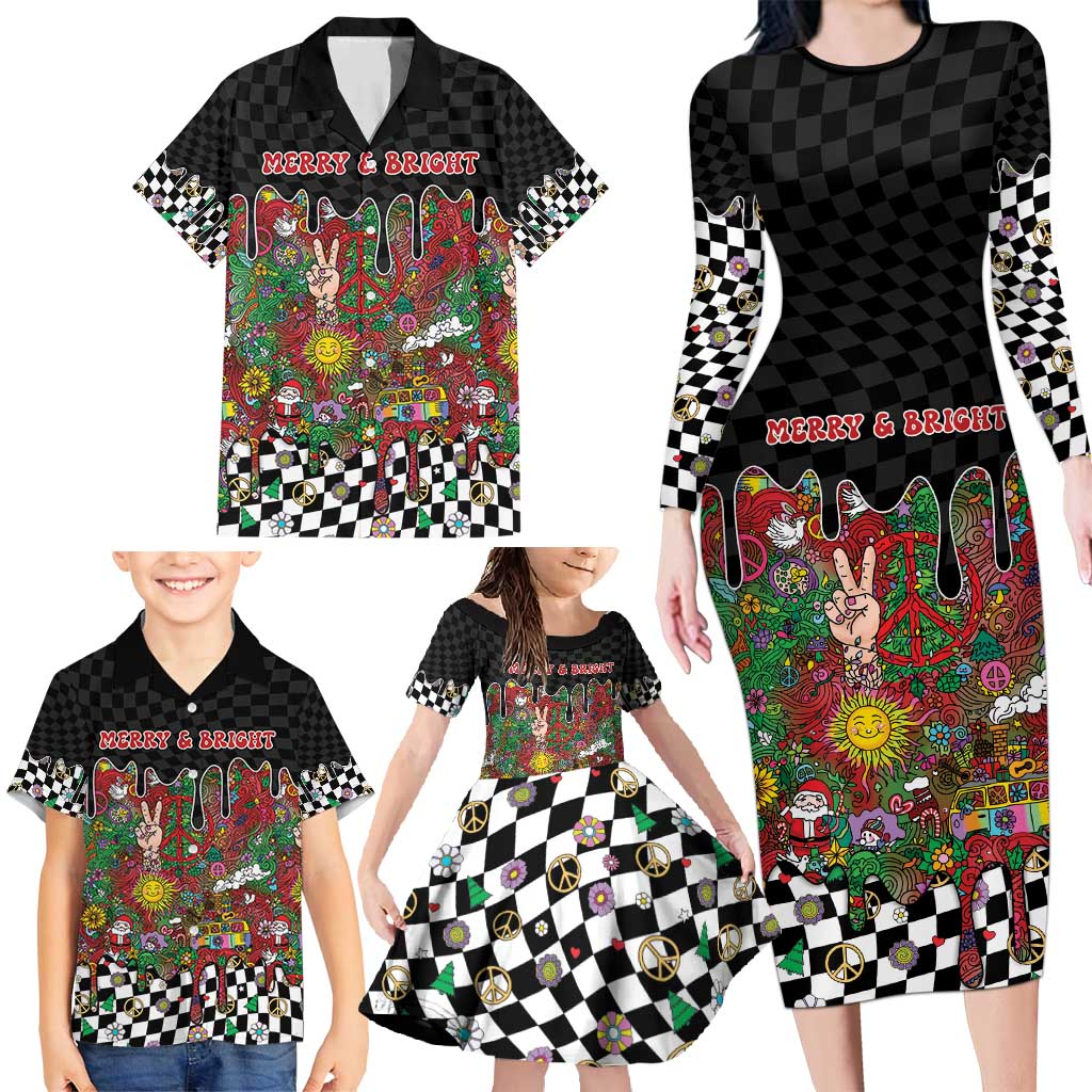 Hippie Christmas Family Matching Long Sleeve Bodycon Dress and Hawaiian Shirt Doodle Style - Wonder Print Shop