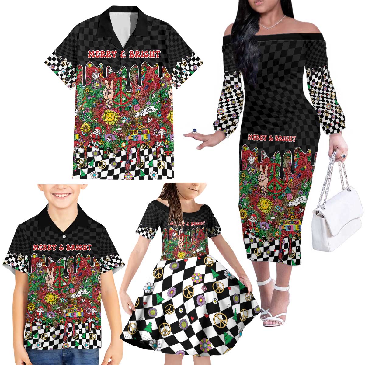 Hippie Christmas Family Matching Off The Shoulder Long Sleeve Dress and Hawaiian Shirt Doodle Style - Wonder Print Shop