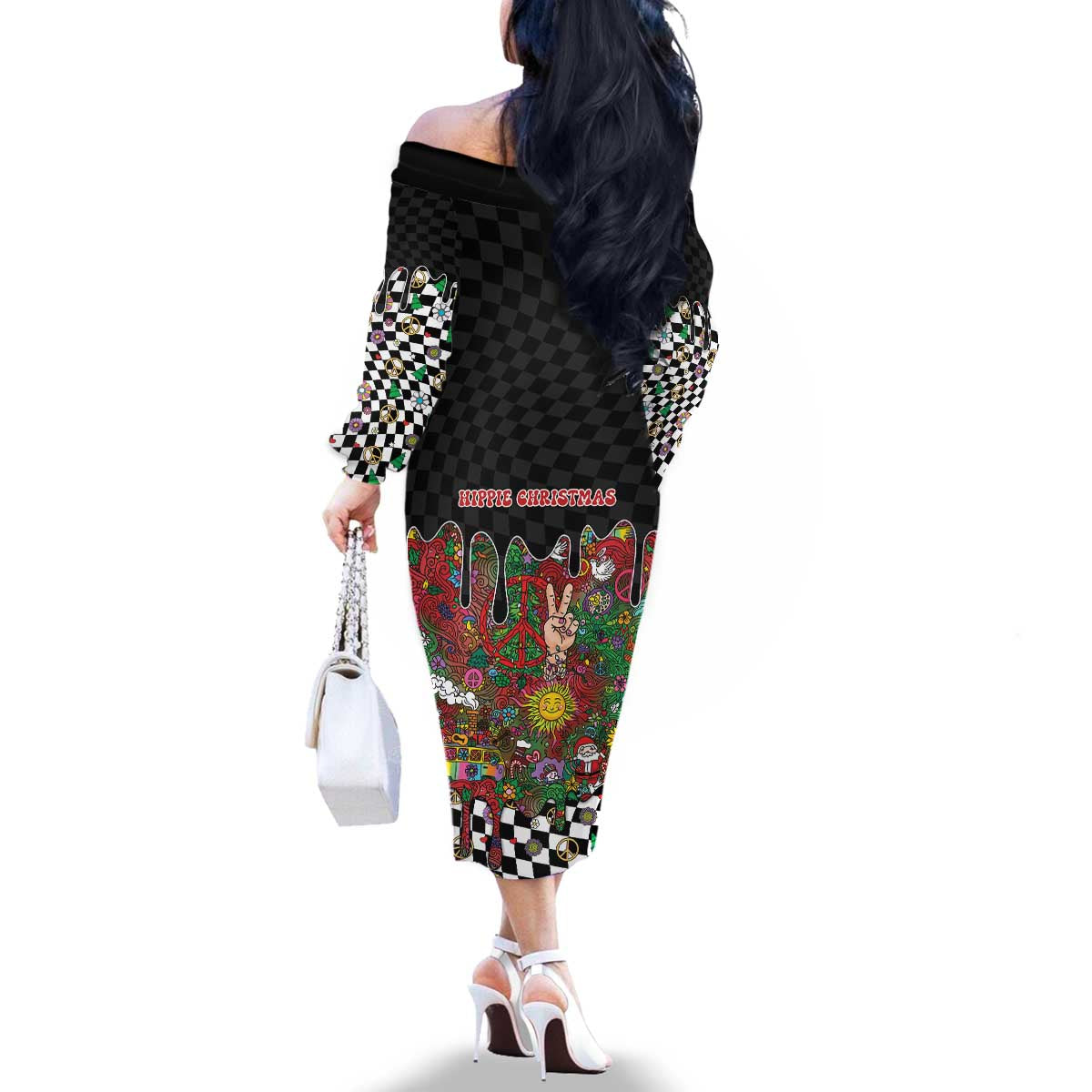 Hippie Christmas Family Matching Off The Shoulder Long Sleeve Dress and Hawaiian Shirt Doodle Style - Wonder Print Shop