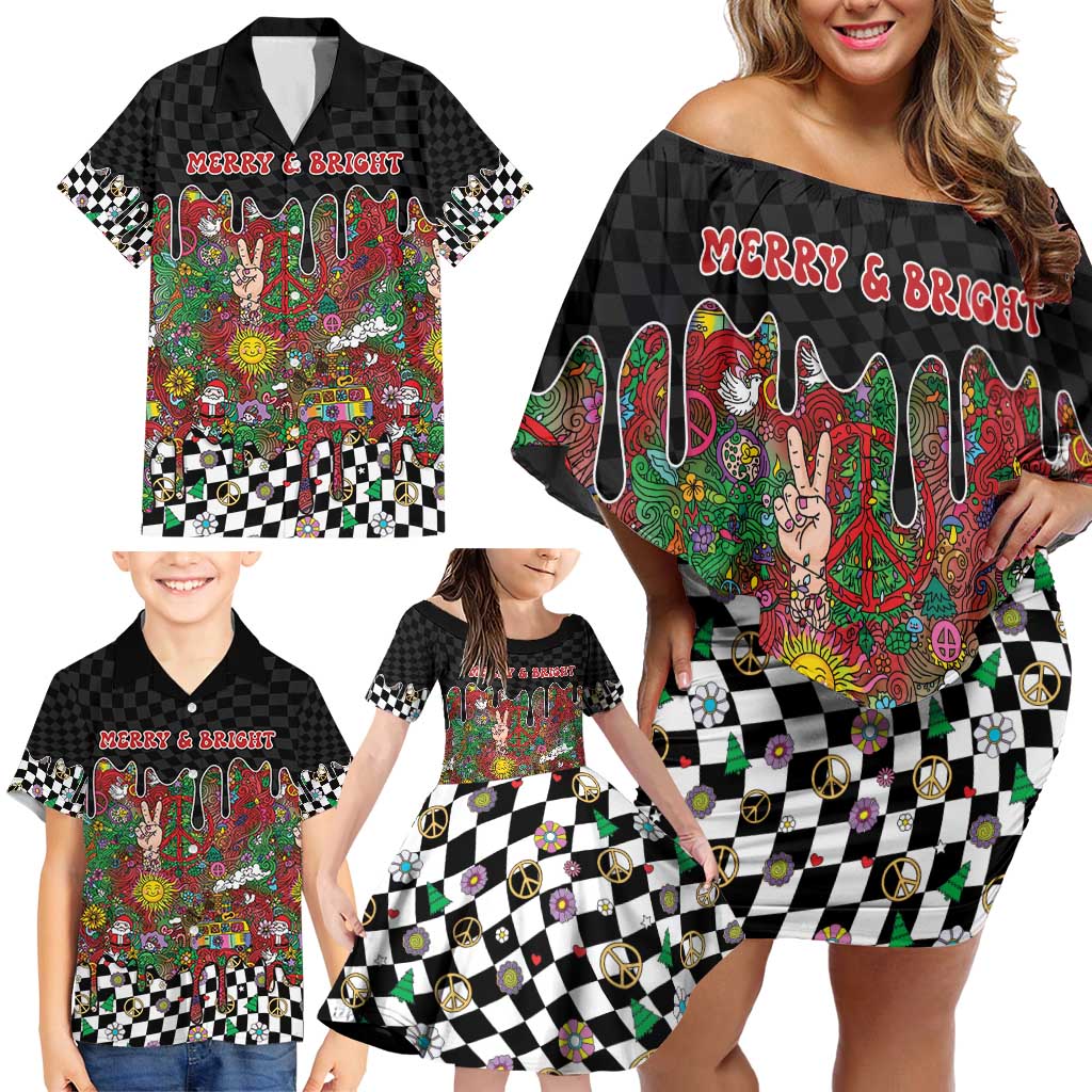 Hippie Christmas Family Matching Off Shoulder Short Dress and Hawaiian Shirt Doodle Style - Wonder Print Shop