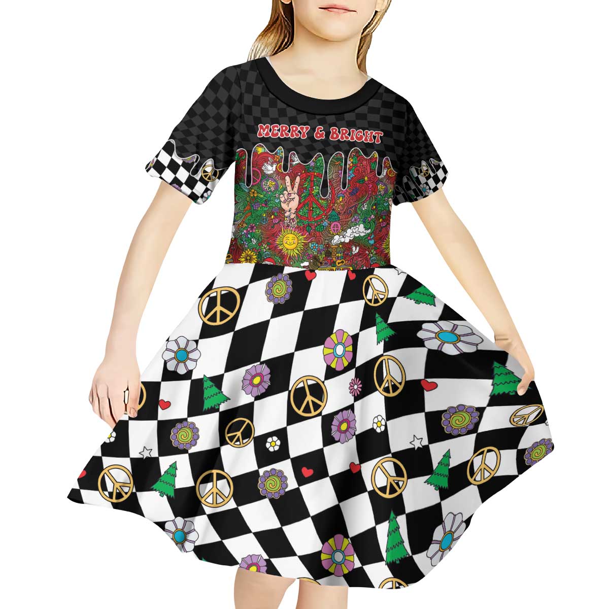 Hippie Christmas Kid Short Sleeve Dress Doodle Style - Wonder Print Shop